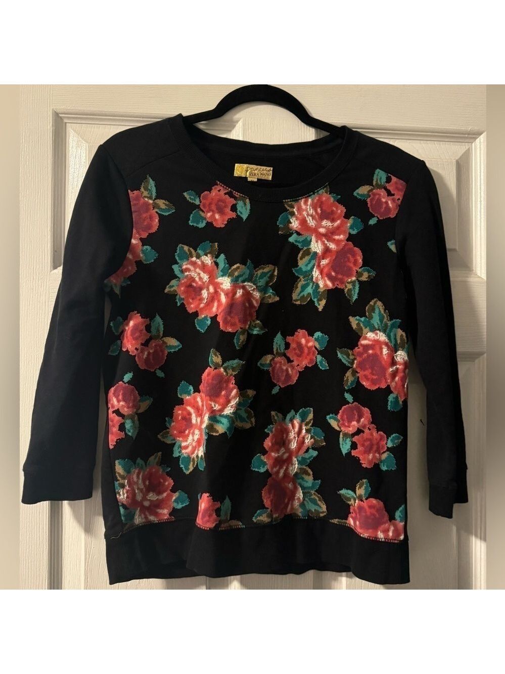Princess Vera Wang Sz M Black Jersey Knit Floral Sweatshirt Shirt 3/4 Sleeve